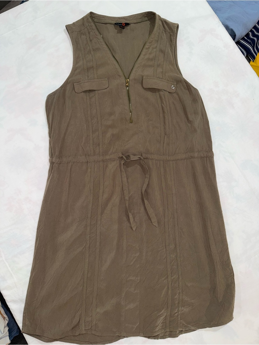 G by GUESS Olive Green Utility Dress Large Sleeveless Zip Front Drawstring Waist